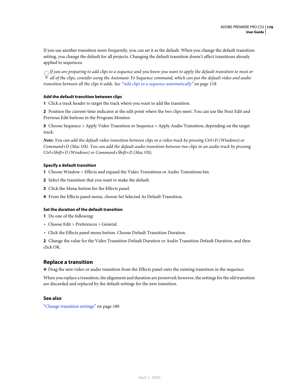 Replace a transition | Adobe Premiere Pro CS3 User Manual | Page 182 / 455
