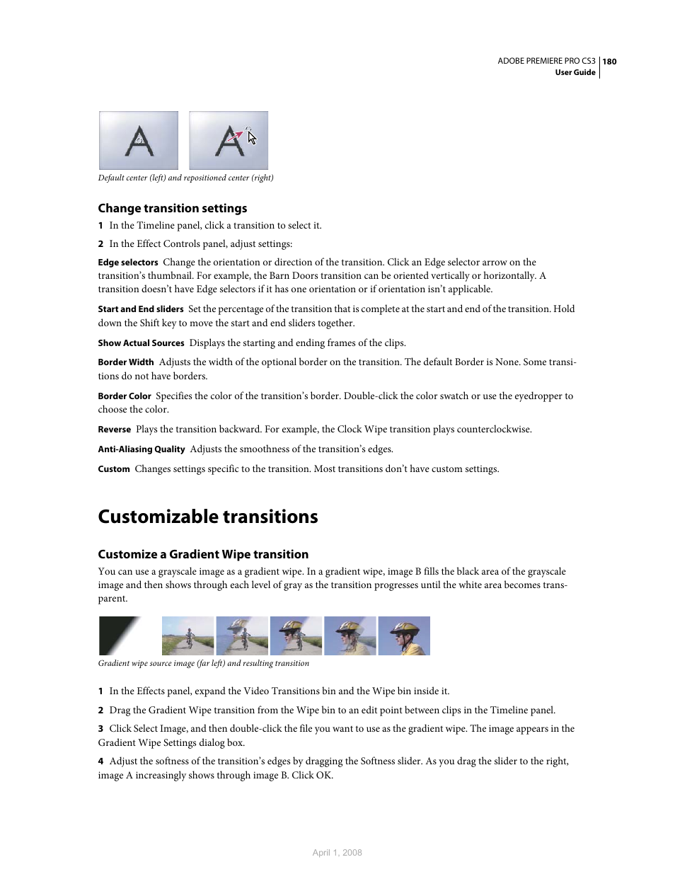 Change transition settings, Customizable transitions, Customize a gradient wipe transition | Adobe Premiere Pro CS3 User Manual | Page 186 / 455