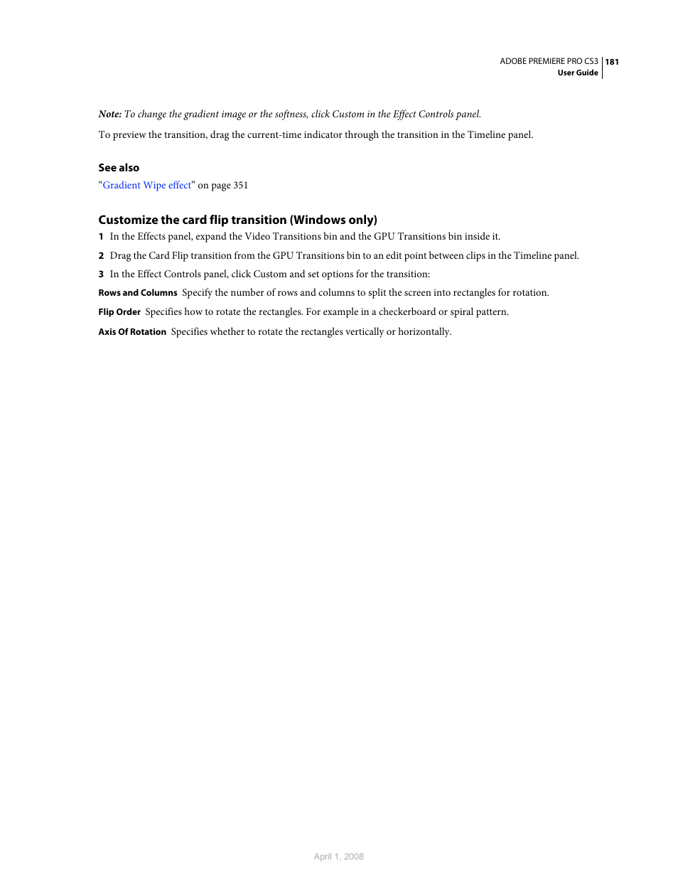Customize the card flip transition (windows only) | Adobe Premiere Pro CS3 User Manual | Page 187 / 455