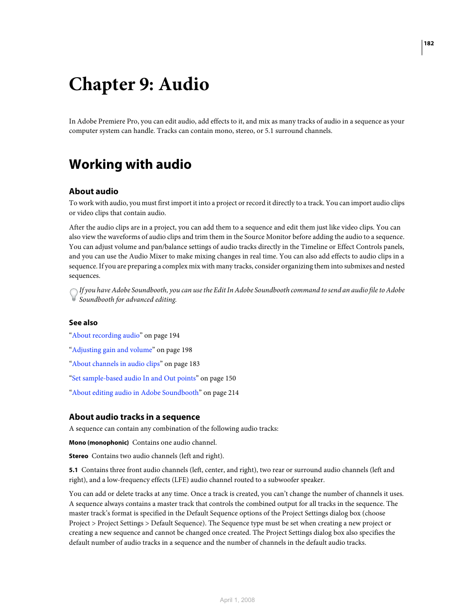 Chapter 9: audio, Working with audio, About audio | About audio tracks in a sequence | Adobe Premiere Pro CS3 User Manual | Page 188 / 455