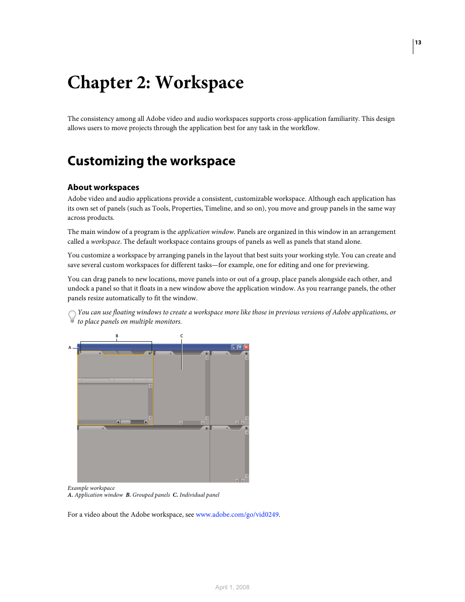 Chapter 2: workspace, Customizing the workspace, About workspaces | Adobe Premiere Pro CS3 User Manual | Page 19 / 455