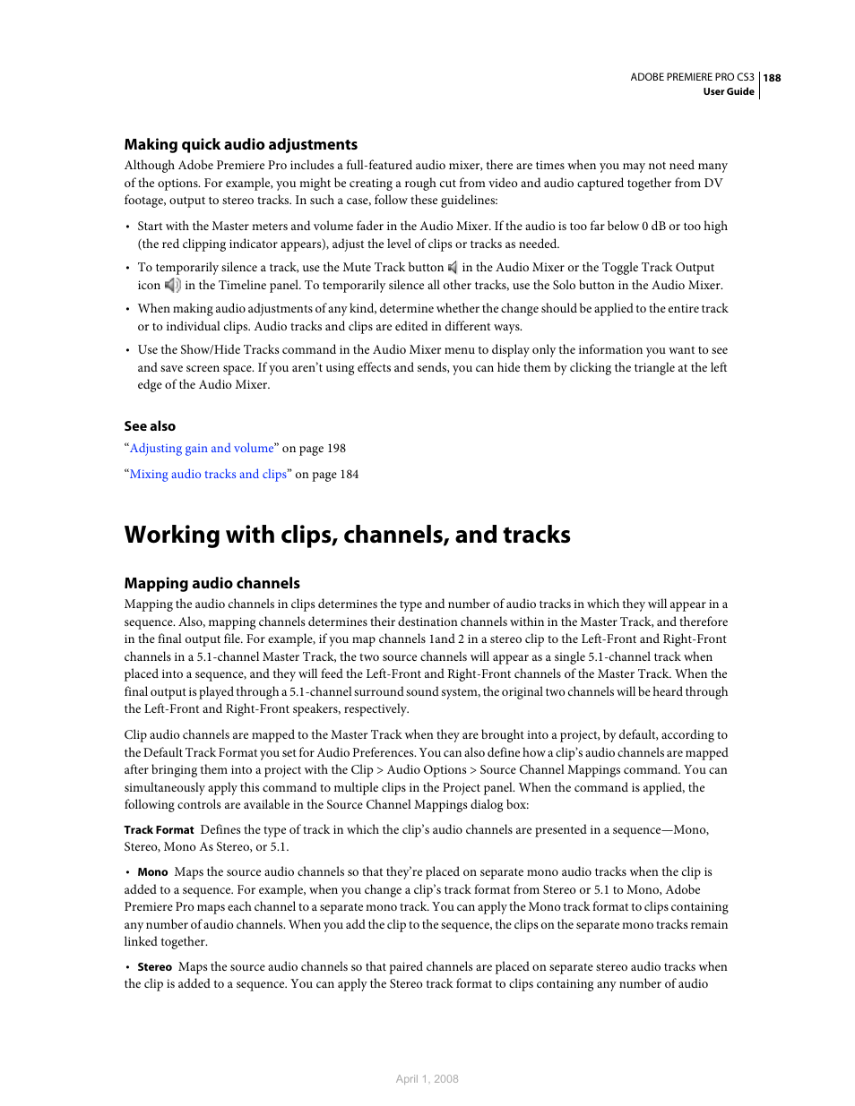 Making quick audio adjustments, Working with clips, channels, and tracks, Mapping audio channels | Adobe Premiere Pro CS3 User Manual | Page 194 / 455