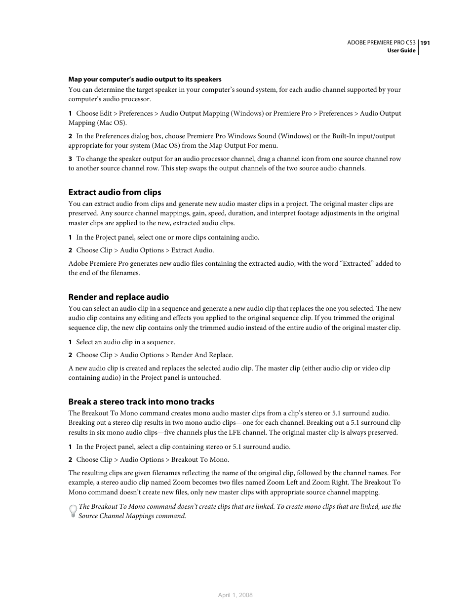 Extract audio from clips, Render and replace audio, Break a stereo track into mono tracks | Adobe Premiere Pro CS3 User Manual | Page 197 / 455