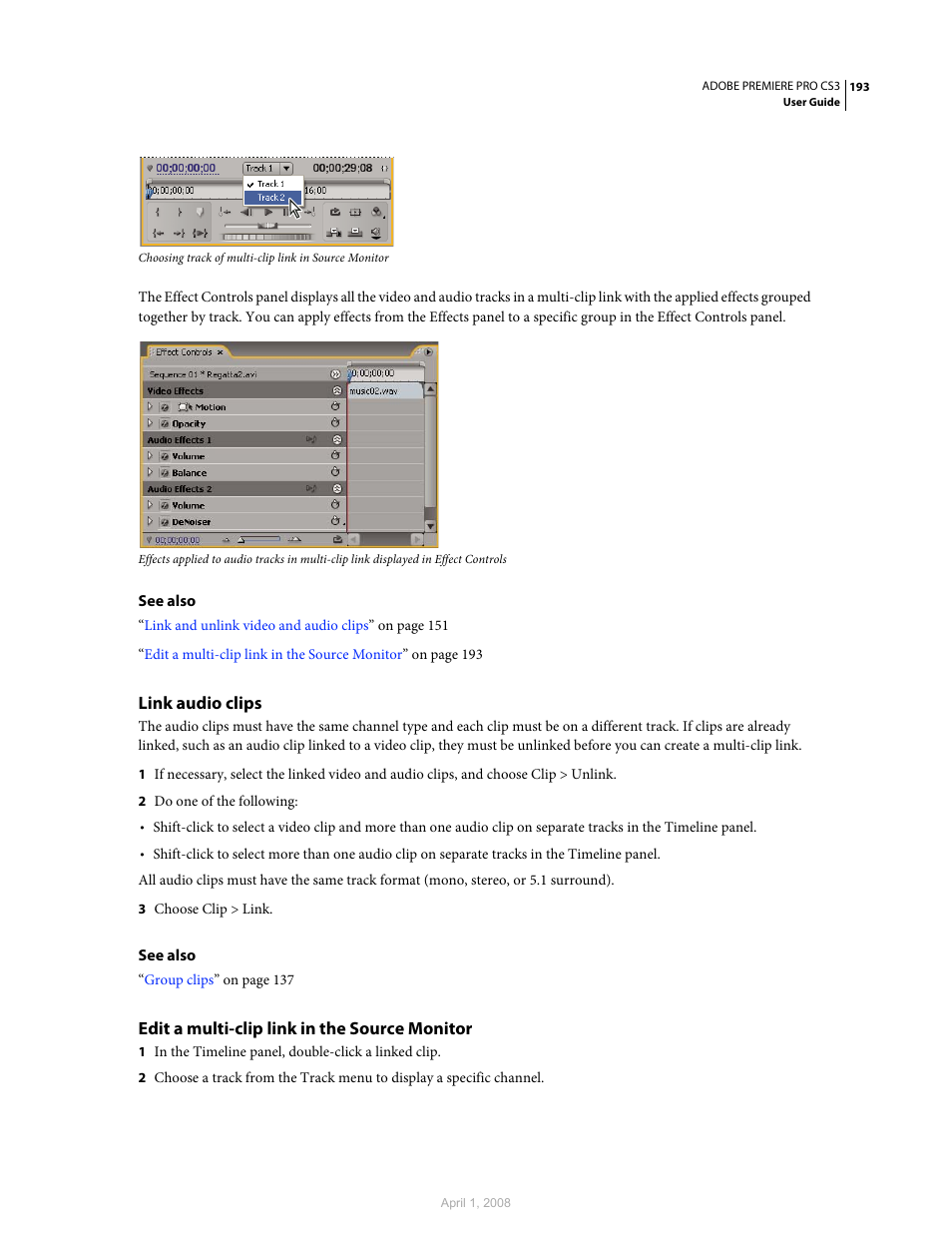 Link audio clips, Edit a multi-clip link in the source monitor | Adobe Premiere Pro CS3 User Manual | Page 199 / 455