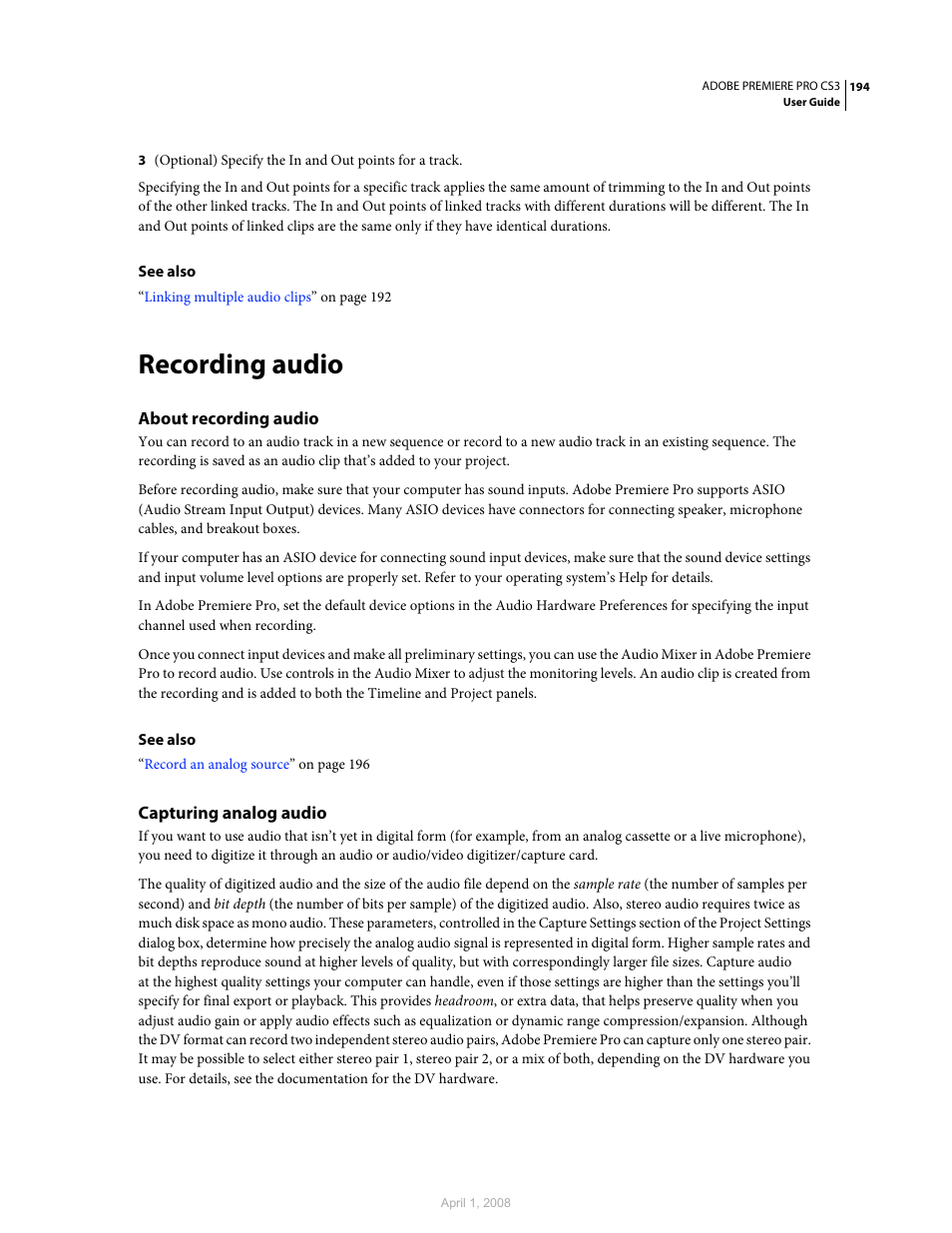 Recording audio, About recording audio, Capturing analog audio | Adobe Premiere Pro CS3 User Manual | Page 200 / 455