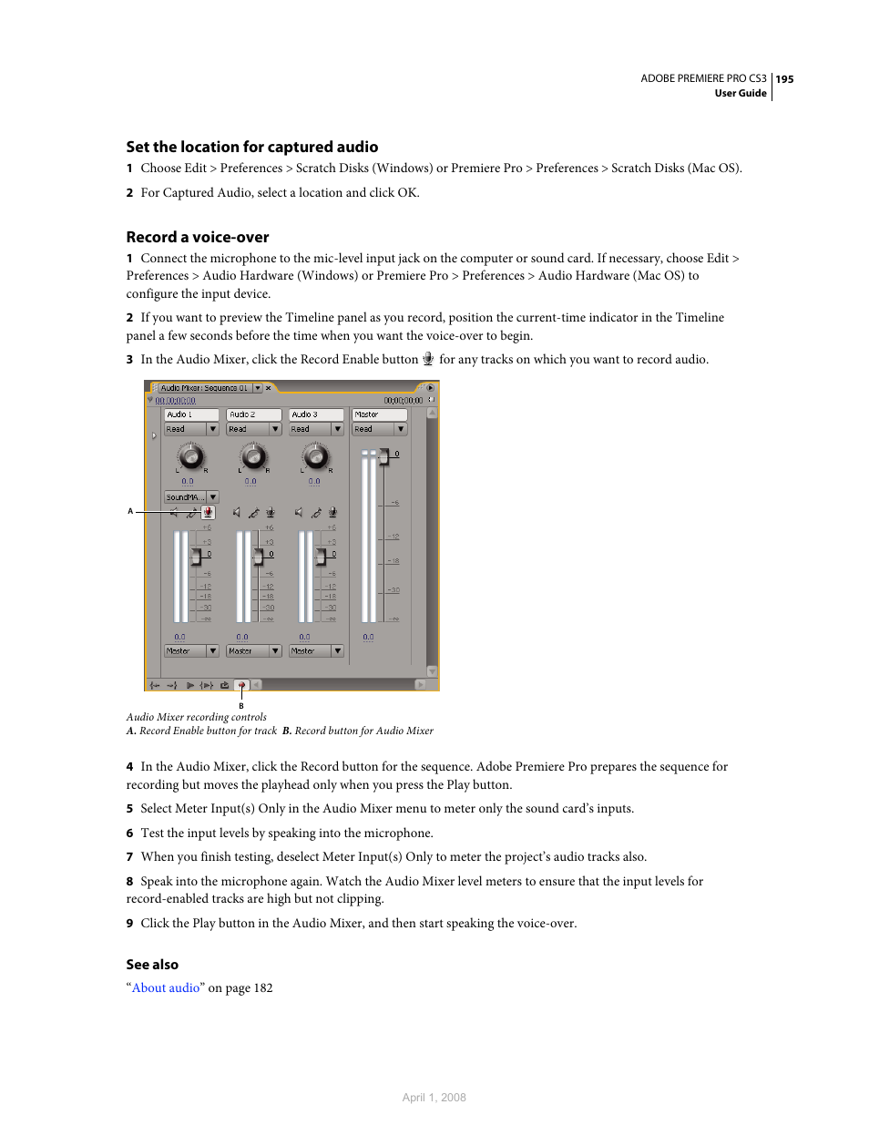 Set the location for captured audio, Record a voice-over | Adobe Premiere Pro CS3 User Manual | Page 201 / 455