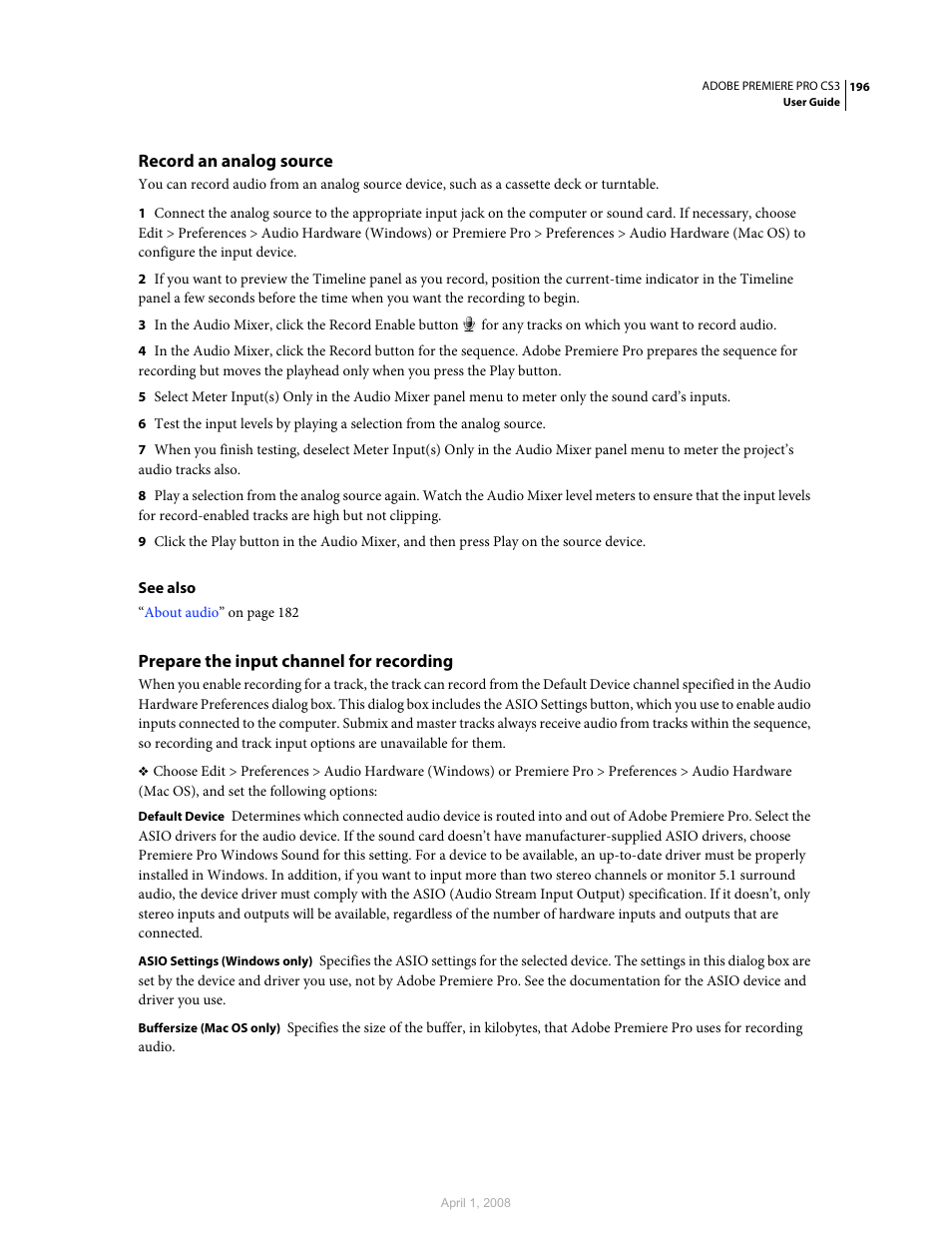 Record an analog source, Prepare the input channel for recording | Adobe Premiere Pro CS3 User Manual | Page 202 / 455