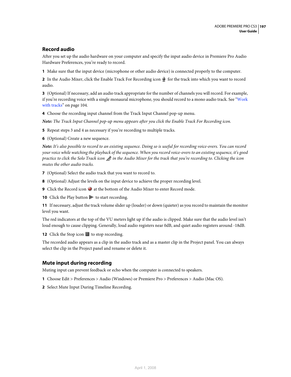 Record audio, Mute input during recording | Adobe Premiere Pro CS3 User Manual | Page 203 / 455