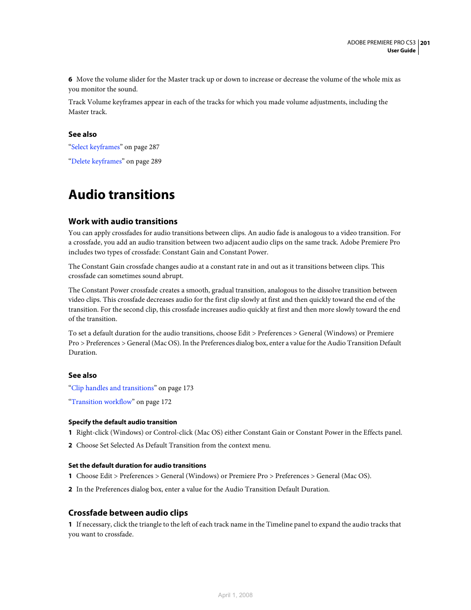 Audio transitions, Work with audio transitions, Crossfade between audio clips | Adobe Premiere Pro CS3 User Manual | Page 207 / 455