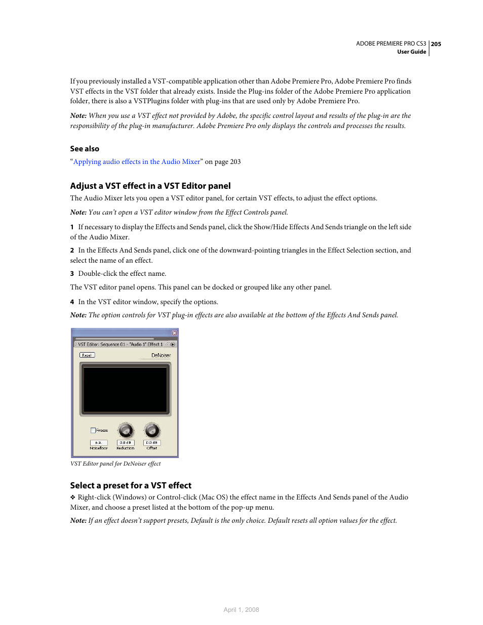 Adjust a vst effect in a vst editor panel, Select a preset for a vst effect | Adobe Premiere Pro CS3 User Manual | Page 211 / 455