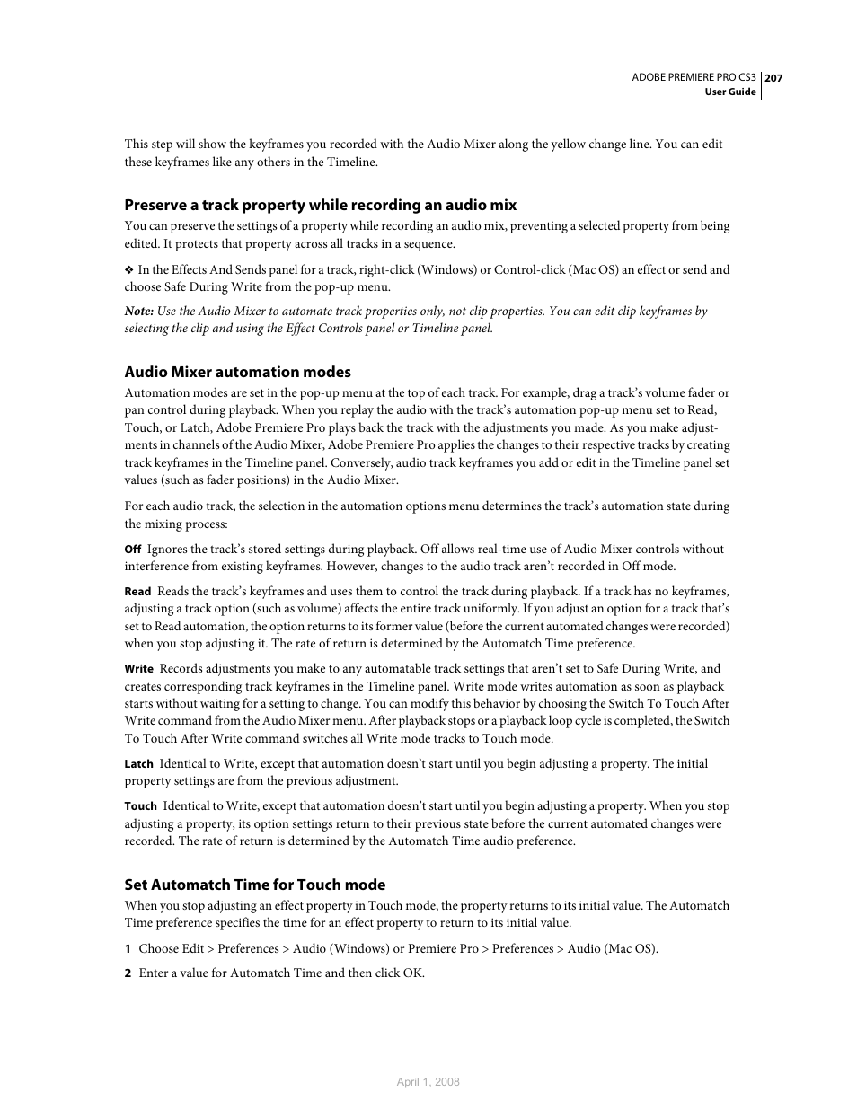 Audio mixer automation modes, Set automatch time for touch mode | Adobe Premiere Pro CS3 User Manual | Page 213 / 455