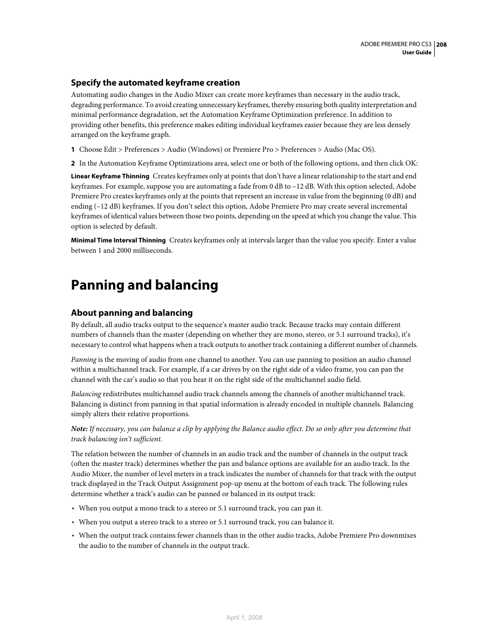 Specify the automated keyframe creation, Panning and balancing, About panning and balancing | Adobe Premiere Pro CS3 User Manual | Page 214 / 455