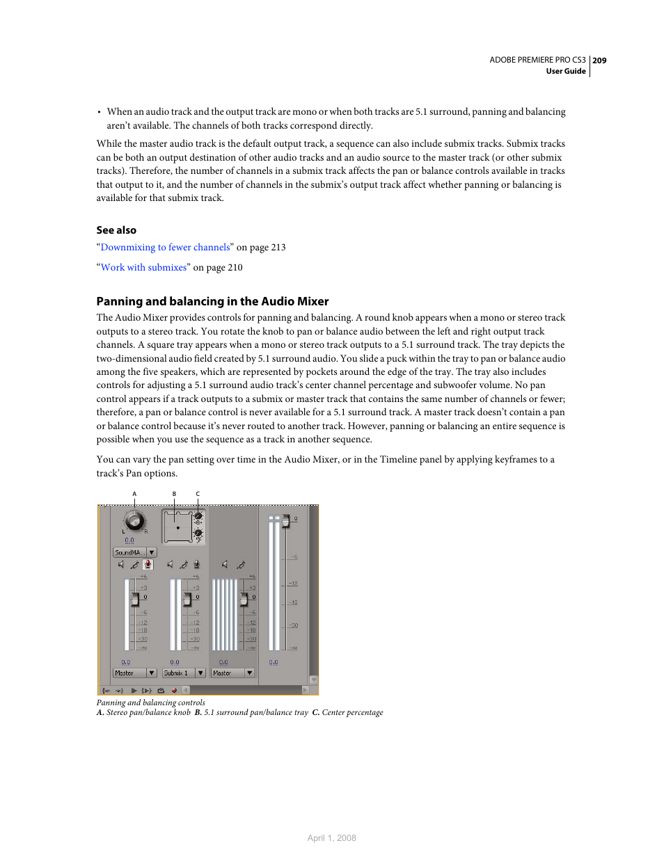 Panning and balancing in the audio mixer | Adobe Premiere Pro CS3 User Manual | Page 215 / 455