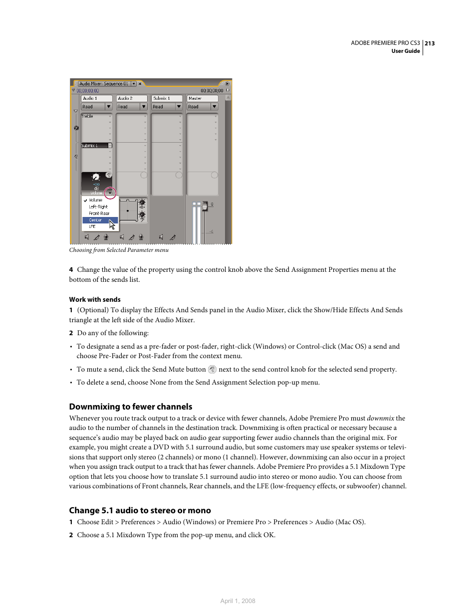 Downmixing to fewer channels, Change 5.1 audio to stereo or mono | Adobe Premiere Pro CS3 User Manual | Page 219 / 455