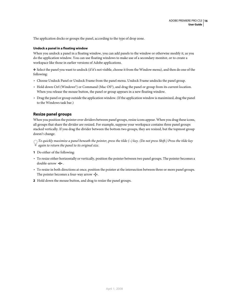 Resize panel groups | Adobe Premiere Pro CS3 User Manual | Page 22 / 455