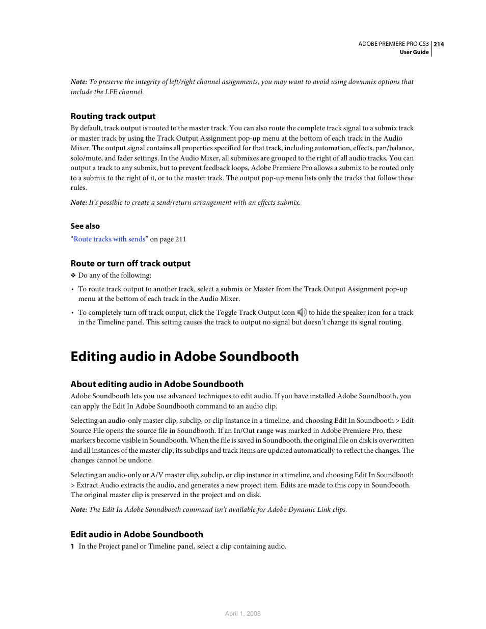 Routing track output, Route or turn off track output, Editing audio in adobe soundbooth | About editing audio in adobe soundbooth, Edit audio in adobe soundbooth, Soundbooth. (see | Adobe Premiere Pro CS3 User Manual | Page 220 / 455