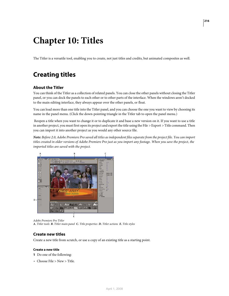 Chapter 10: titles, Creating titles, About the titler | Create new titles | Adobe Premiere Pro CS3 User Manual | Page 222 / 455