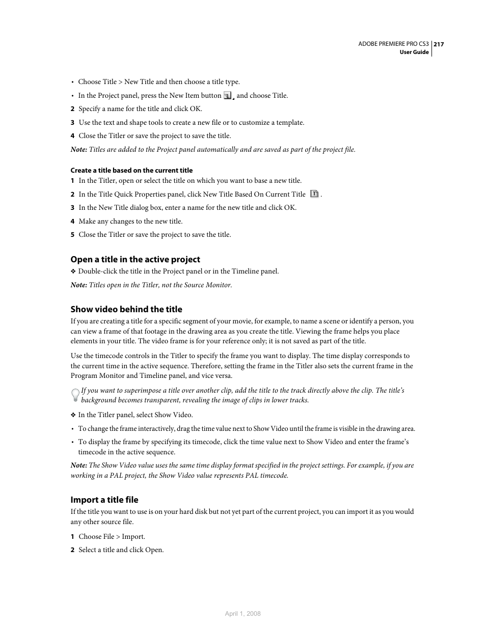 Open a title in the active project, Show video behind the title, Import a title file | Adobe Premiere Pro CS3 User Manual | Page 223 / 455