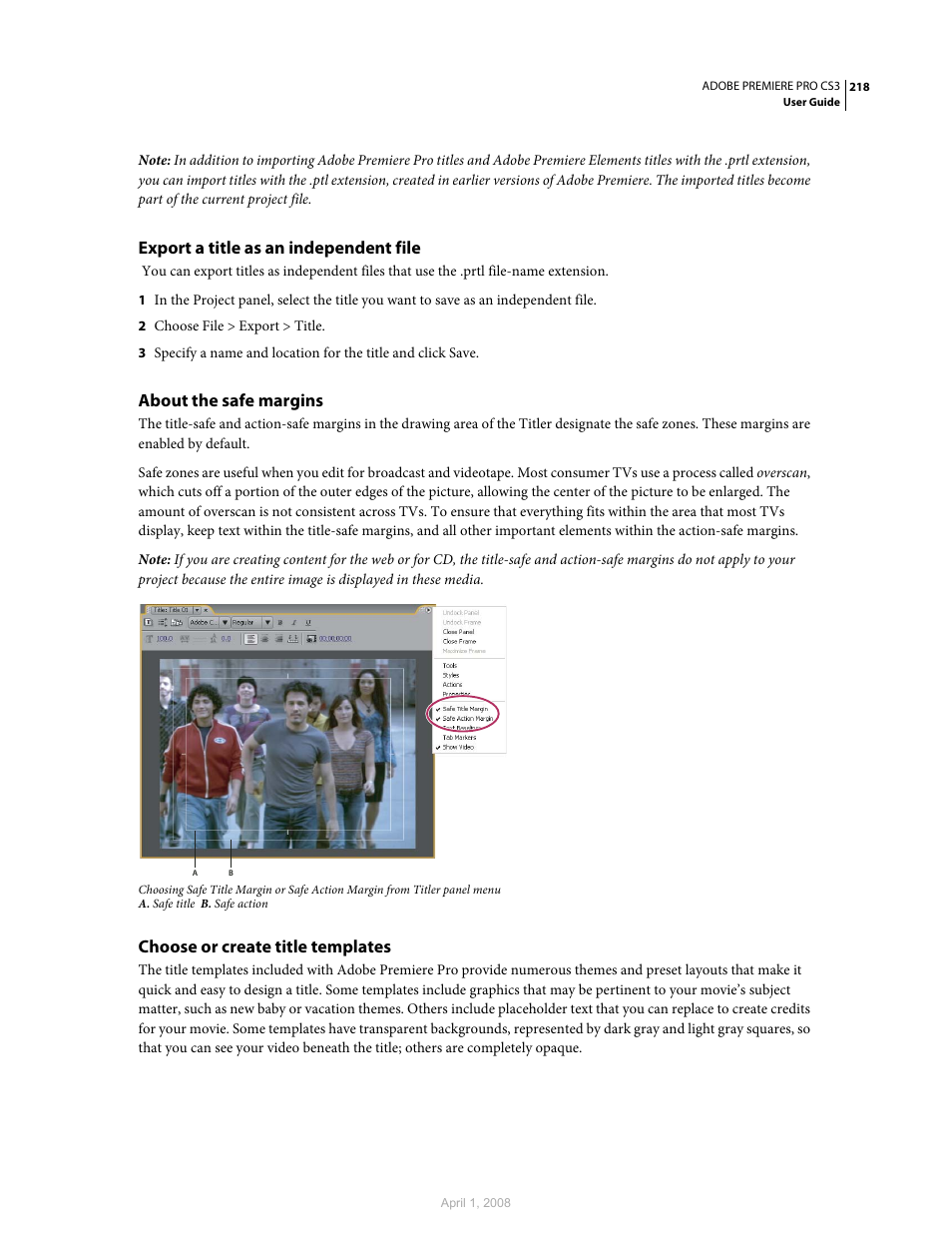 Export a title as an independent file, About the safe margins, Choose or create title templates | Adobe Premiere Pro CS3 User Manual | Page 224 / 455