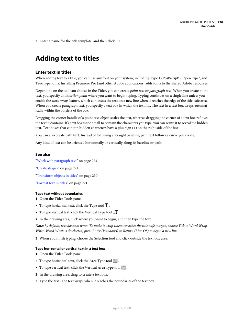 Adding text to titles, Enter text in titles | Adobe Premiere Pro CS3 User Manual | Page 226 / 455