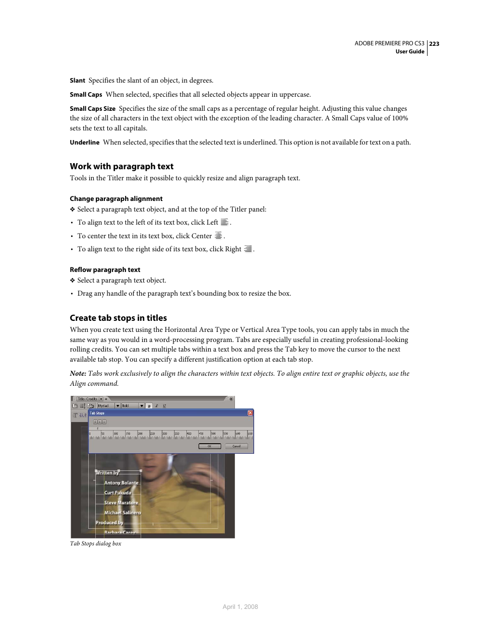 Work with paragraph text, Create tab stops in titles | Adobe Premiere Pro CS3 User Manual | Page 229 / 455