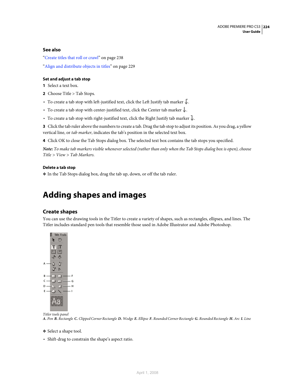 Adding shapes and images, Create shapes | Adobe Premiere Pro CS3 User Manual | Page 230 / 455