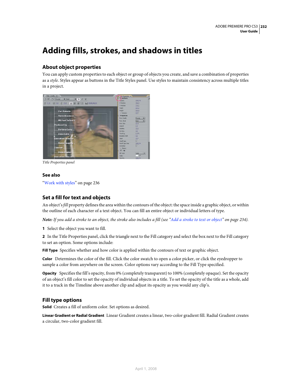 Adding fills, strokes, and shadows in titles, About object properties, Set a fill for text and objects | Fill type options | Adobe Premiere Pro CS3 User Manual | Page 238 / 455