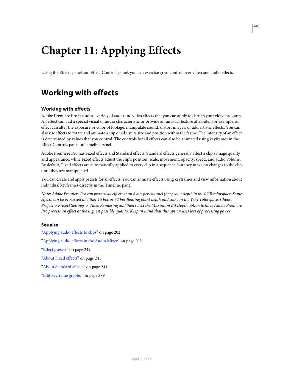 Chapter 11: applying effects, Working with effects | Adobe Premiere Pro CS3 User Manual | Page 246 / 455