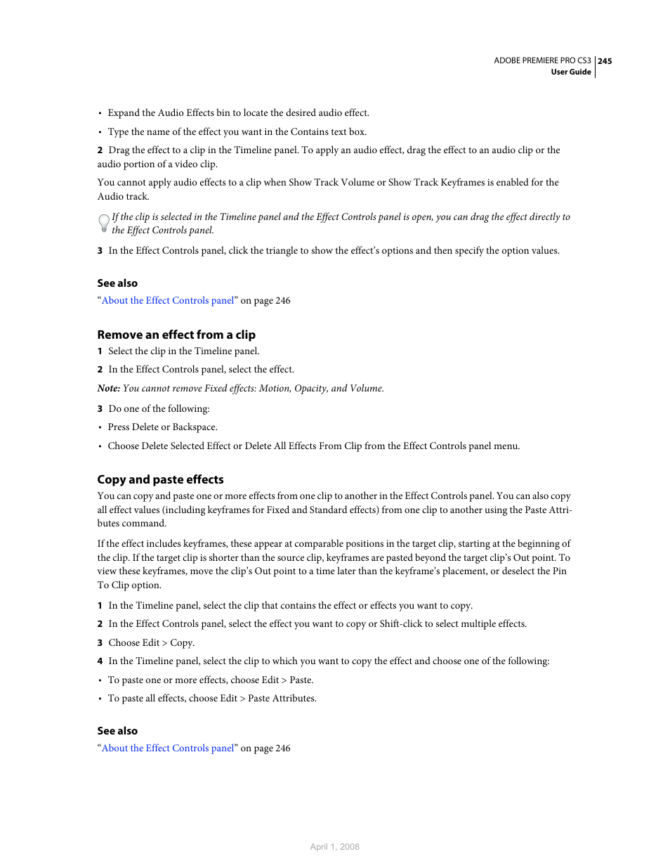 Remove an effect from a clip, Copy and paste effects | Adobe Premiere Pro CS3 User Manual | Page 251 / 455