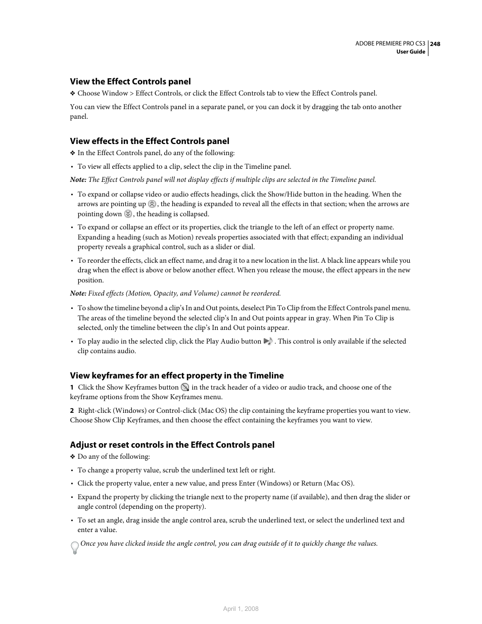 View the effect controls panel, View effects in the effect controls panel | Adobe Premiere Pro CS3 User Manual | Page 254 / 455