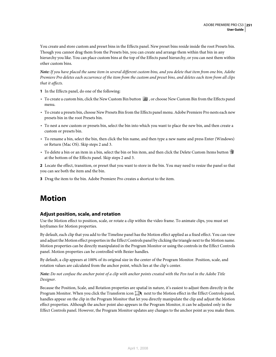 Motion, Adjust position, scale, and rotation, Adjust position | Scale, and rotation | Adobe Premiere Pro CS3 User Manual | Page 257 / 455