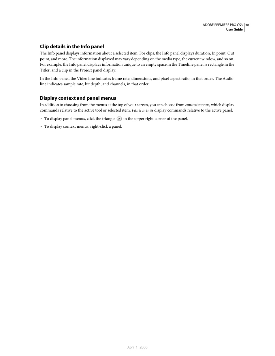 Clip details in the info panel, Display context and panel menus | Adobe Premiere Pro CS3 User Manual | Page 26 / 455