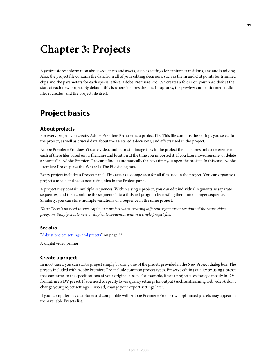 Chapter 3: projects, Project basics, About projects | Create a project | Adobe Premiere Pro CS3 User Manual | Page 27 / 455