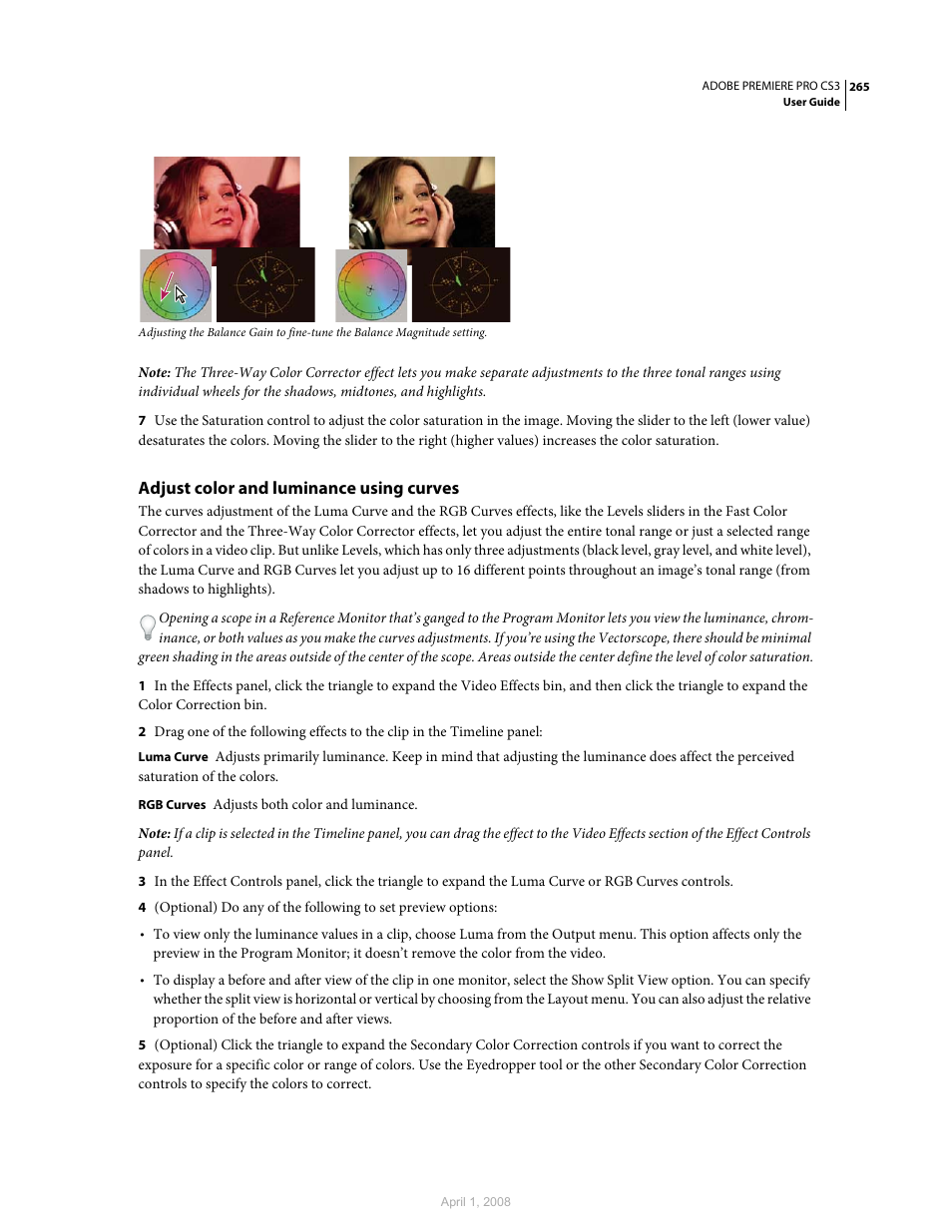 Adjust color and luminance using curves, Effect. see also | Adobe Premiere Pro CS3 User Manual | Page 271 / 455