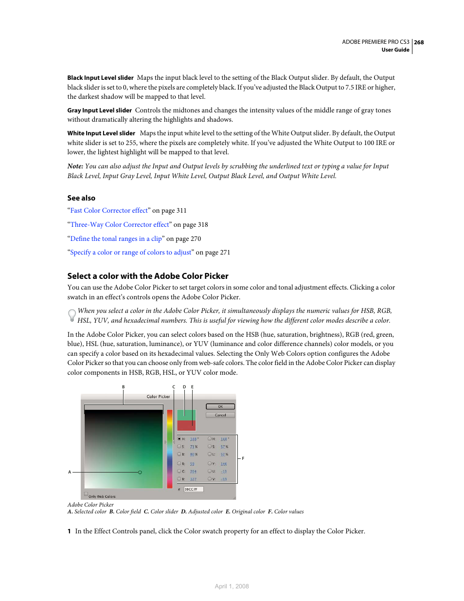 Select a color with the adobe color picker | Adobe Premiere Pro CS3 User Manual | Page 274 / 455