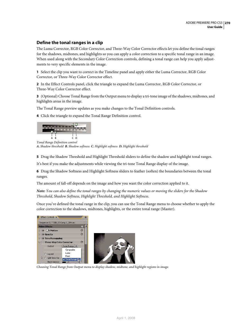 Define the tonal ranges in a clip, Define the tonal, Ranges in a clip | Adobe Premiere Pro CS3 User Manual | Page 276 / 455