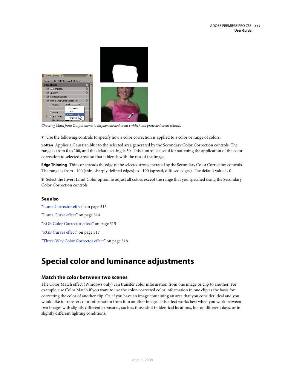 Special color and luminance adjustments, Match the color between two scenes | Adobe Premiere Pro CS3 User Manual | Page 278 / 455