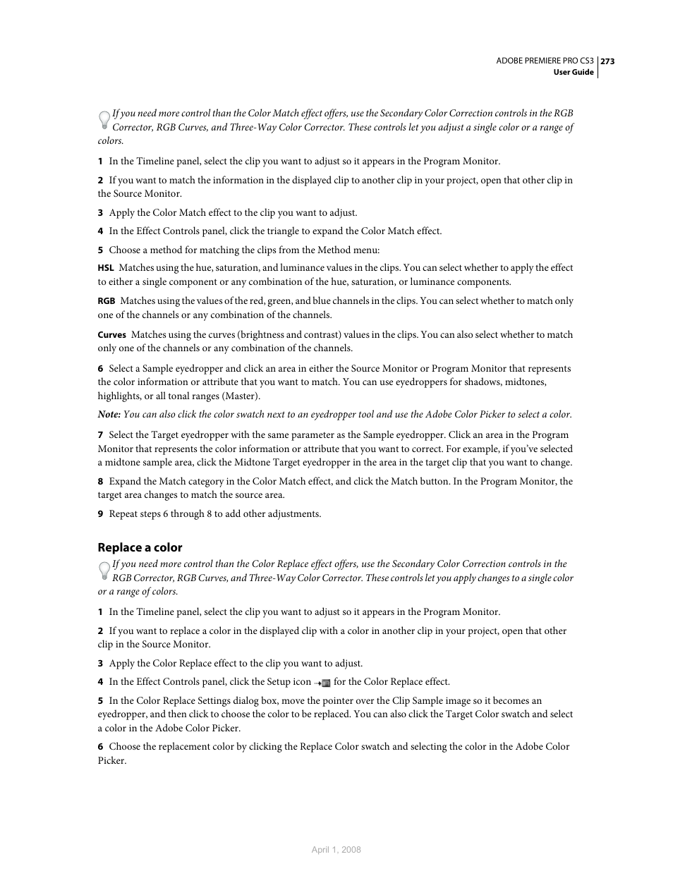 Replace a color | Adobe Premiere Pro CS3 User Manual | Page 279 / 455
