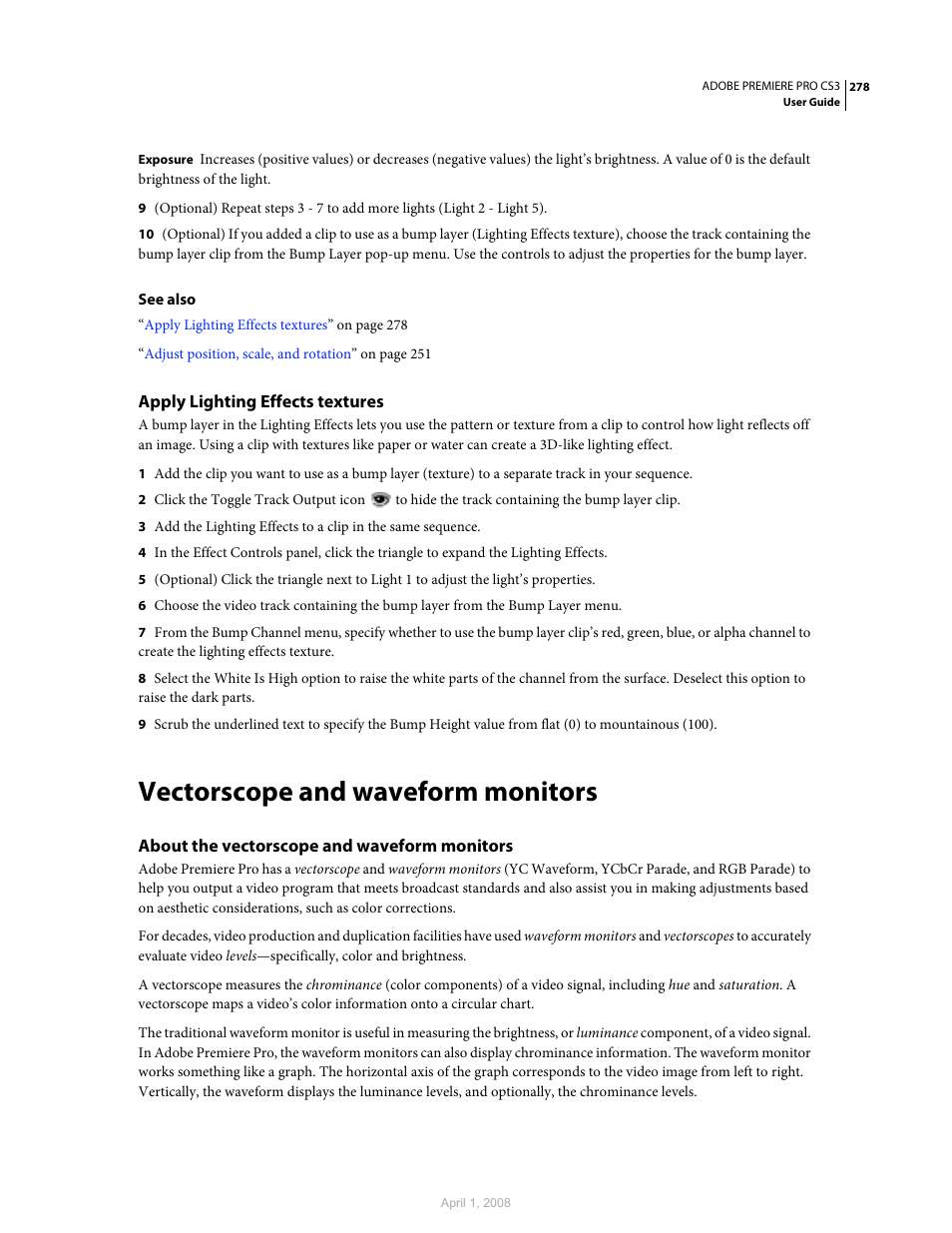 Apply lighting effects textures, Vectorscope and waveform monitors, About the vectorscope and waveform monitors | Adobe Premiere Pro CS3 User Manual | Page 284 / 455