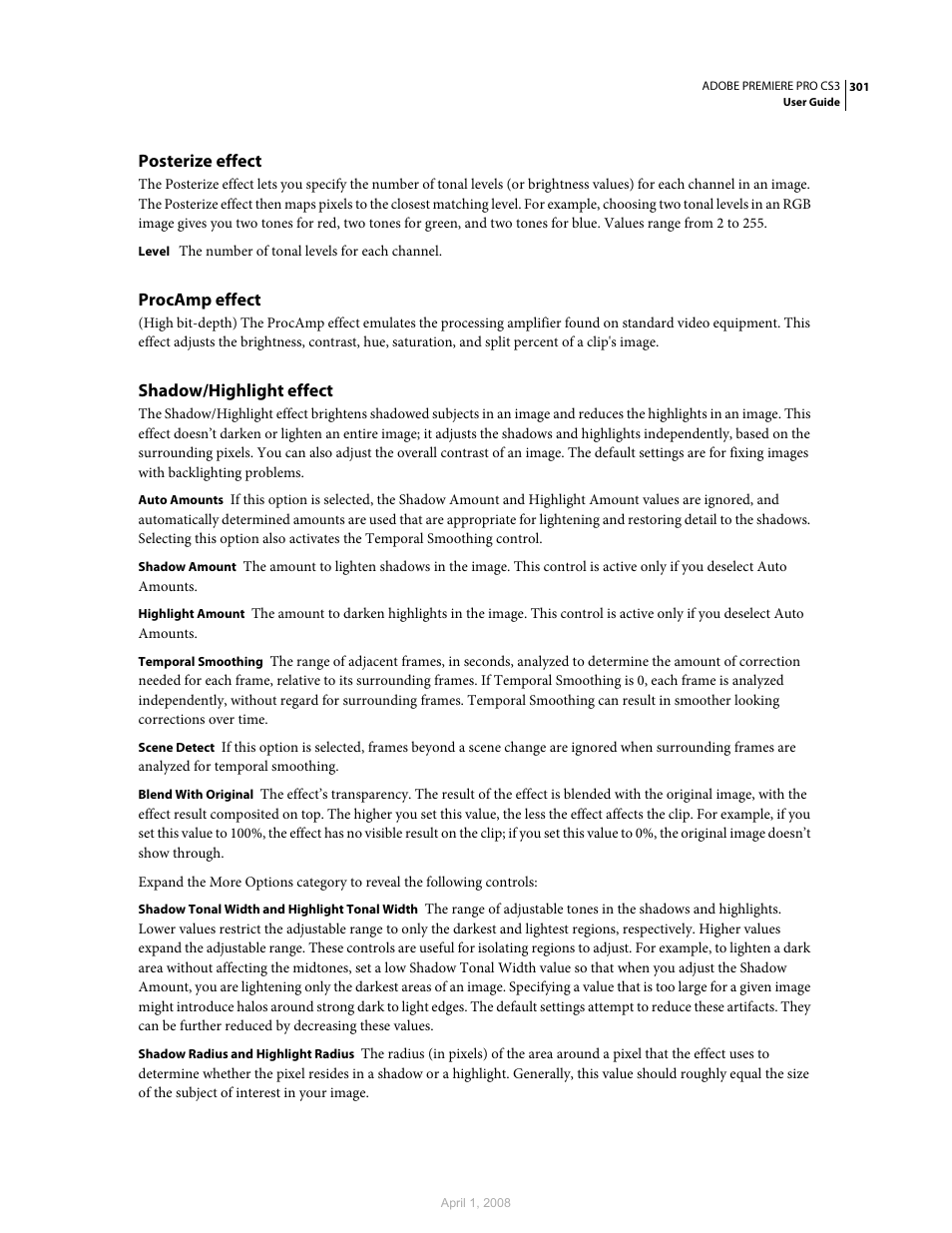 Posterize effect, Procamp effect, Shadow/highlight effect | Adobe Premiere Pro CS3 User Manual | Page 307 / 455
