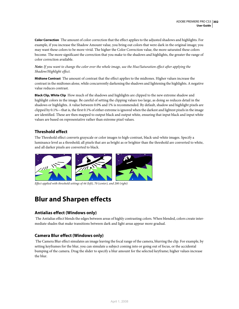 Threshold effect, Blur and sharpen effects, Antialias effect (windows only) | Camera blur effect (windows only) | Adobe Premiere Pro CS3 User Manual | Page 308 / 455