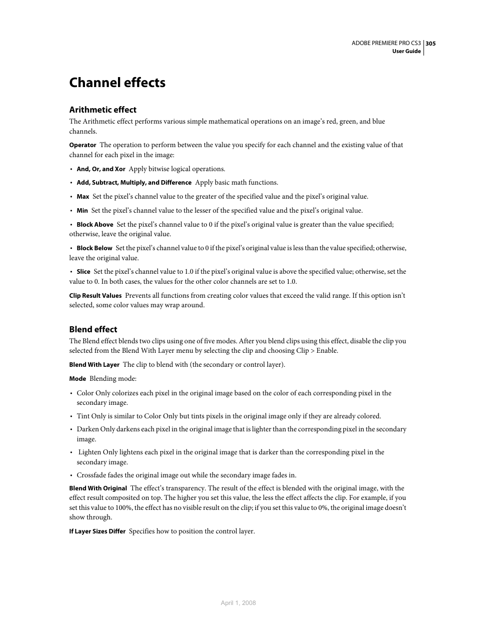 Channel effects, Arithmetic effect, Blend effect | Adobe Premiere Pro CS3 User Manual | Page 311 / 455