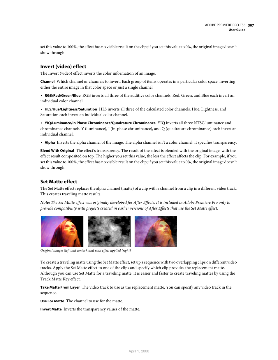 Invert (video) effect, Set matte effect | Adobe Premiere Pro CS3 User Manual | Page 313 / 455