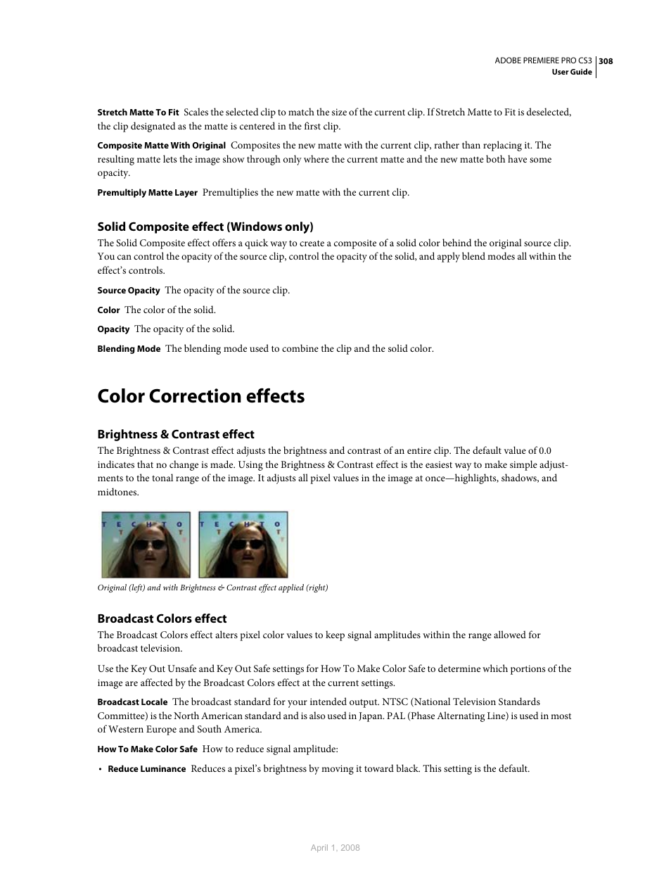 Solid composite effect (windows only), Color correction effects, Brightness & contrast effect | Broadcast colors effect | Adobe Premiere Pro CS3 User Manual | Page 314 / 455