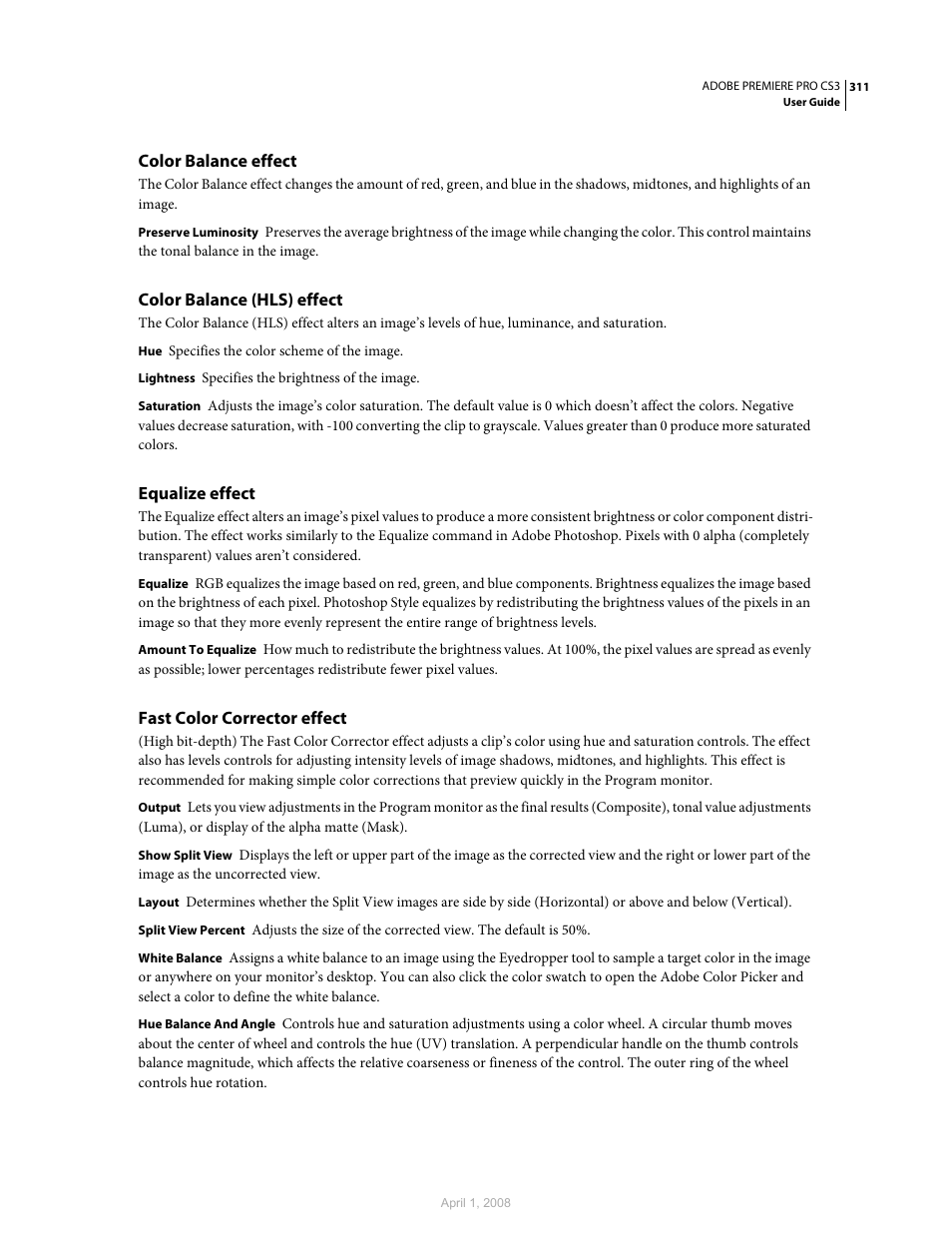 Color balance effect, Color balance (hls) effect, Equalize effect | Fast color corrector effect | Adobe Premiere Pro CS3 User Manual | Page 317 / 455