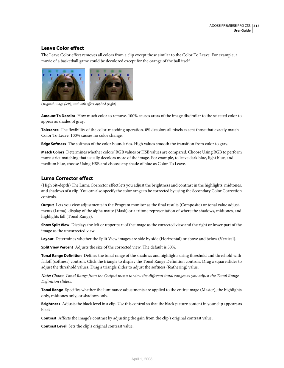 Leave color effect, Luma corrector effect | Adobe Premiere Pro CS3 User Manual | Page 319 / 455