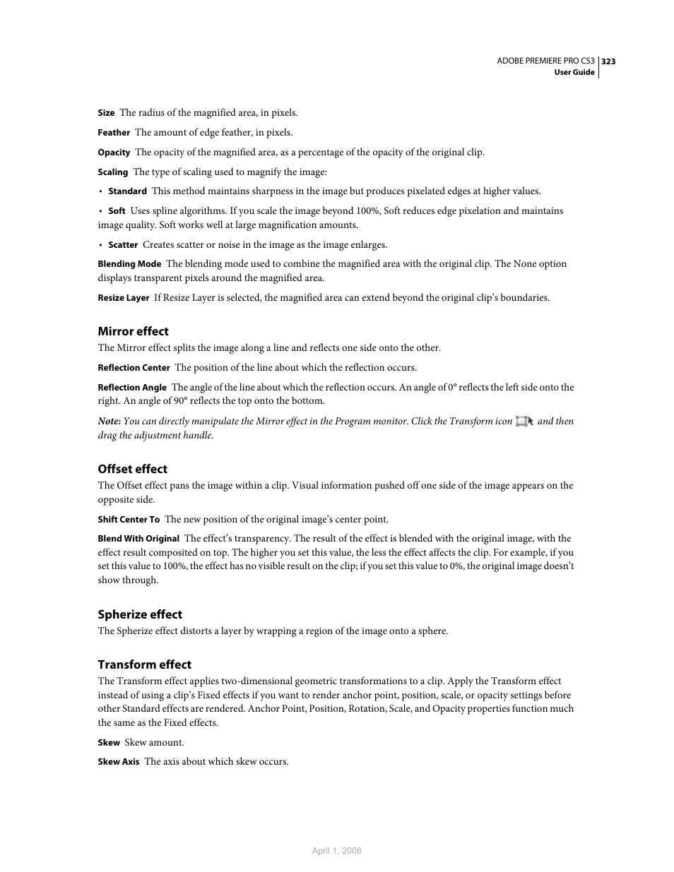 Mirror effect, Offset effect, Spherize effect | Transform effect | Adobe Premiere Pro CS3 User Manual | Page 329 / 455