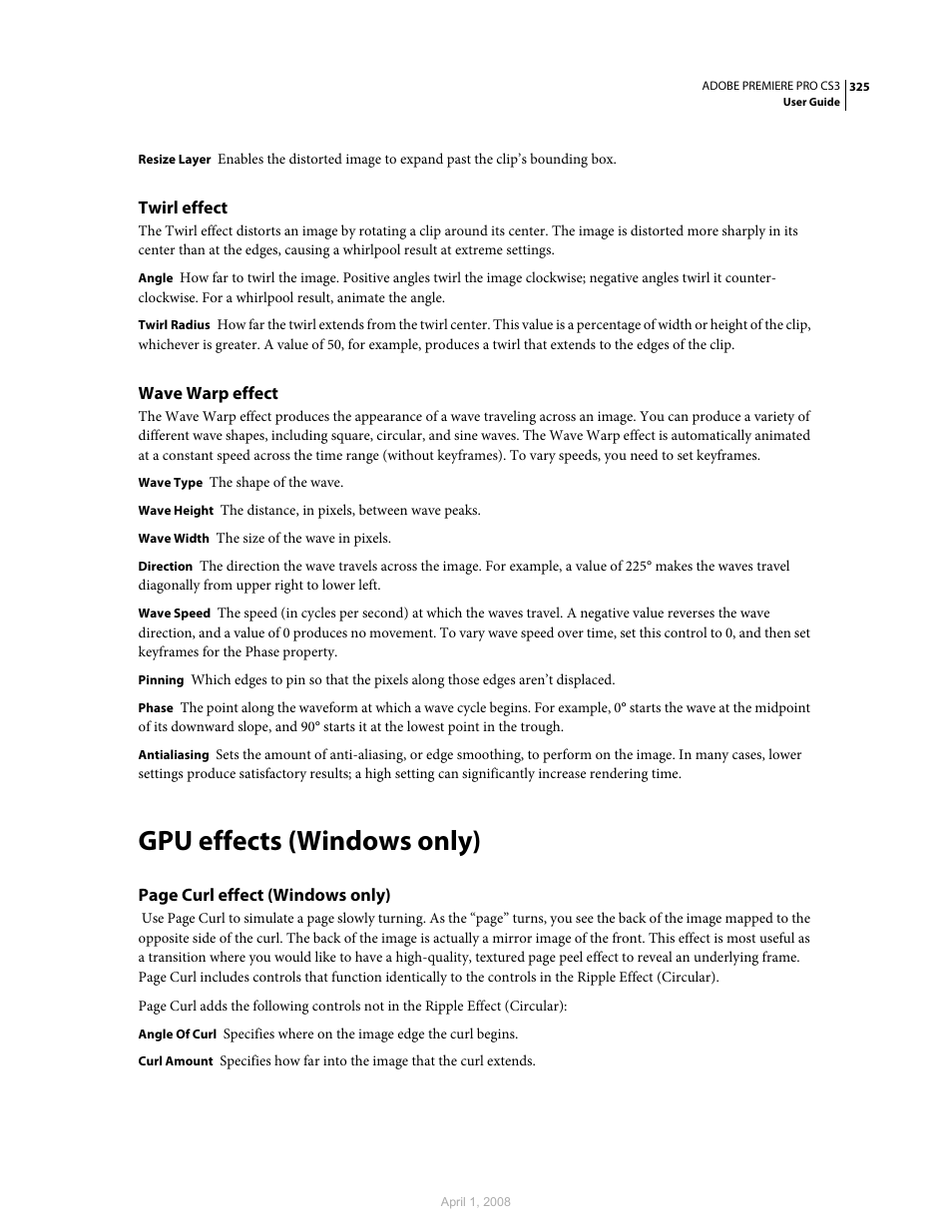 Twirl effect, Wave warp effect, Gpu effects (windows only) | Adobe Premiere Pro CS3 User Manual | Page 331 / 455