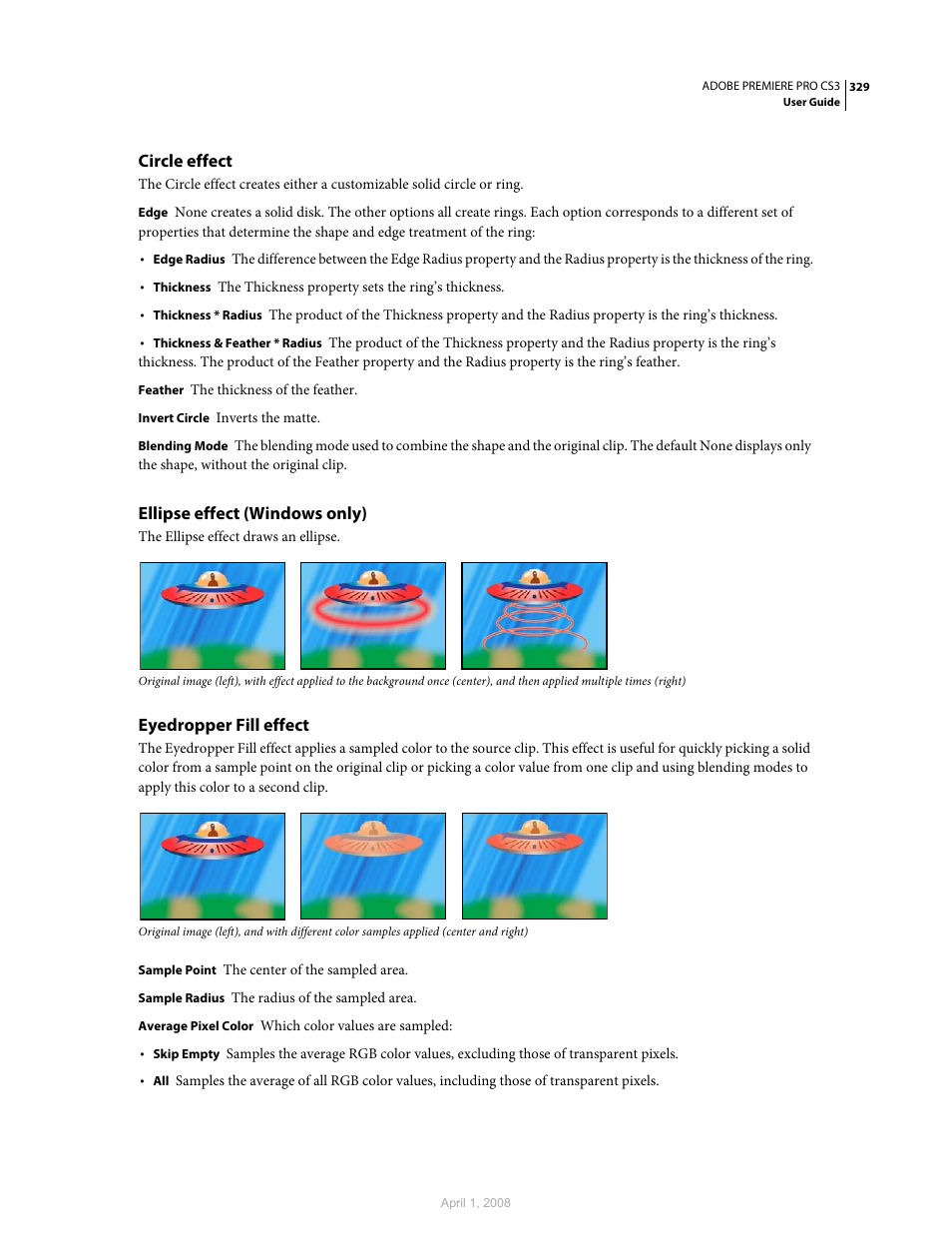 Circle effect, Ellipse effect (windows only), Eyedropper fill effect | Adobe Premiere Pro CS3 User Manual | Page 335 / 455