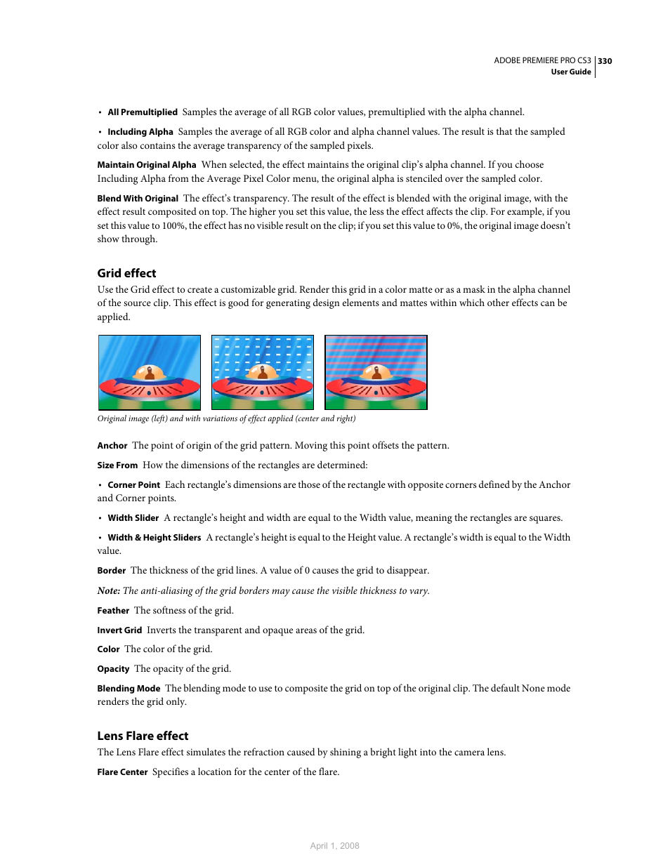 Grid effect, Lens flare effect | Adobe Premiere Pro CS3 User Manual | Page 336 / 455